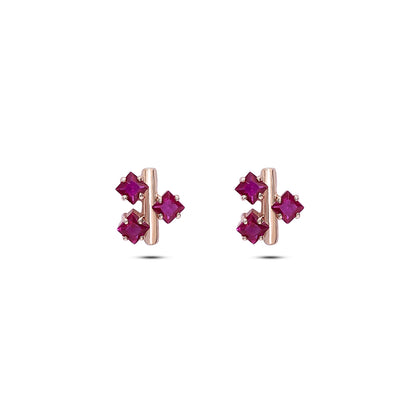 Pure Silver Rose Gold  Earrings - Triple Pink Ruby Blossom - Tweov Jewels