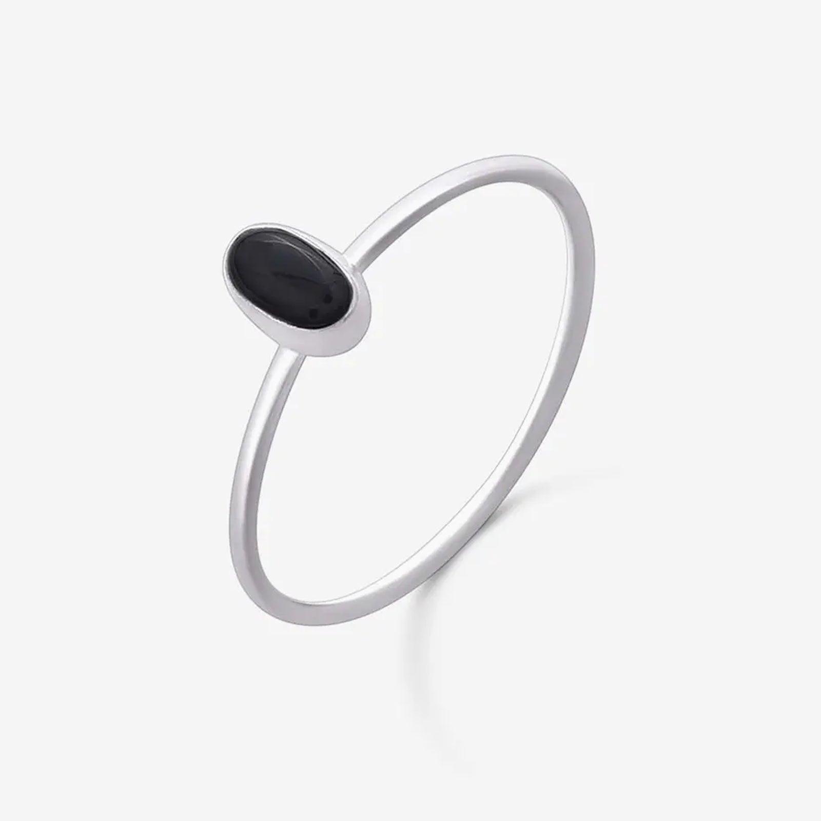 Silver Simple Oval Black Stone Ring