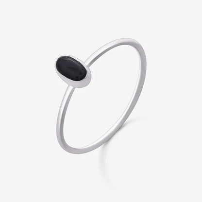 Silver Simple Oval Black Stone Ring