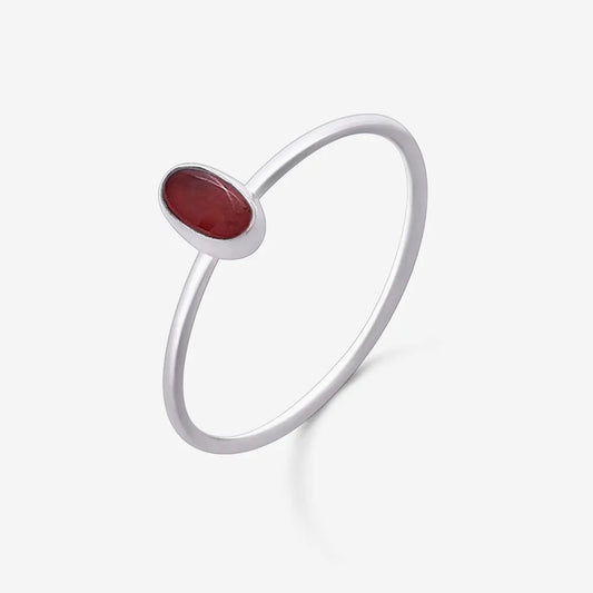 Silver Simple Oval Red Stone Ring