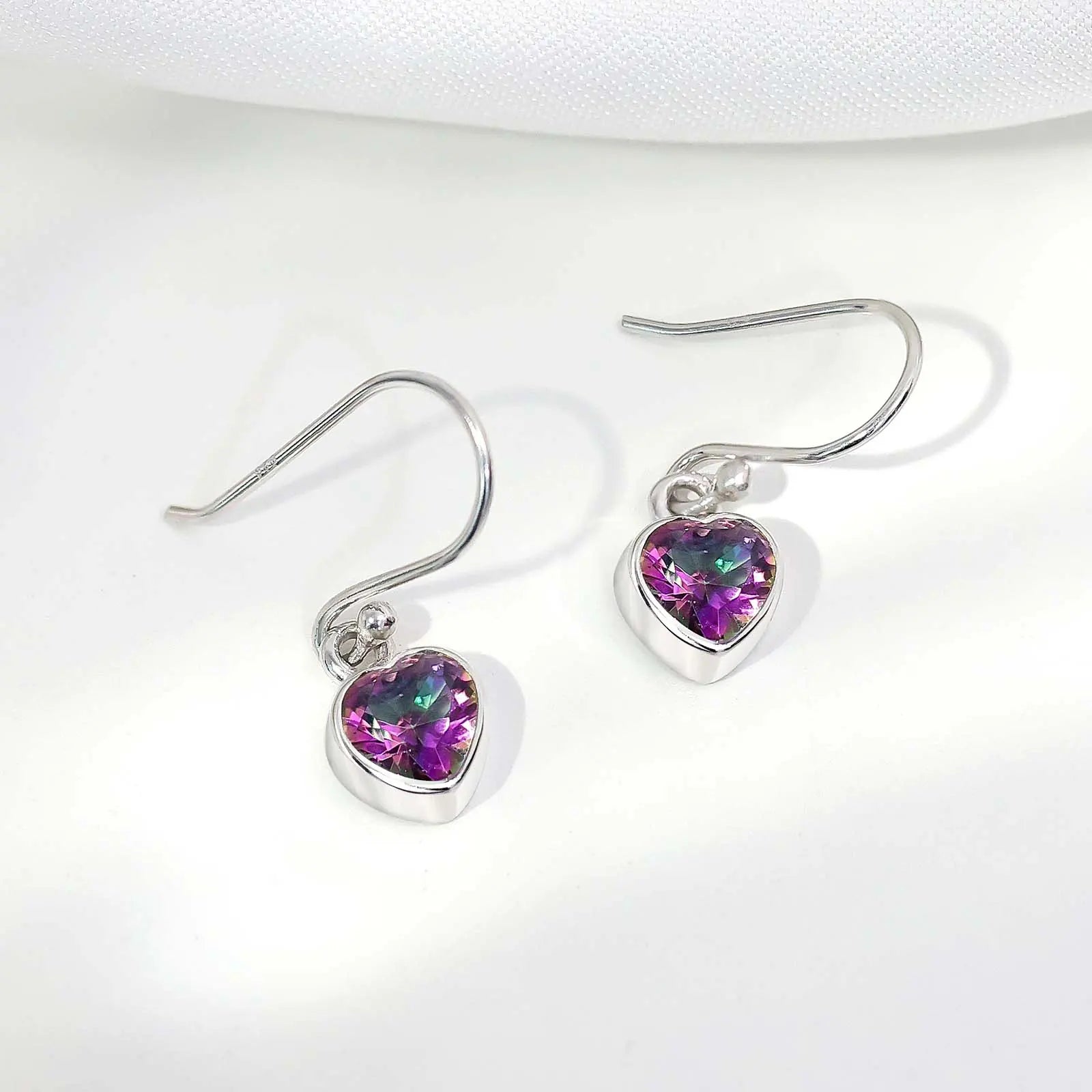 Pure Silver Earrings - Hoop With Purple-Blue CZ Heart Stone - Tweov Jewels