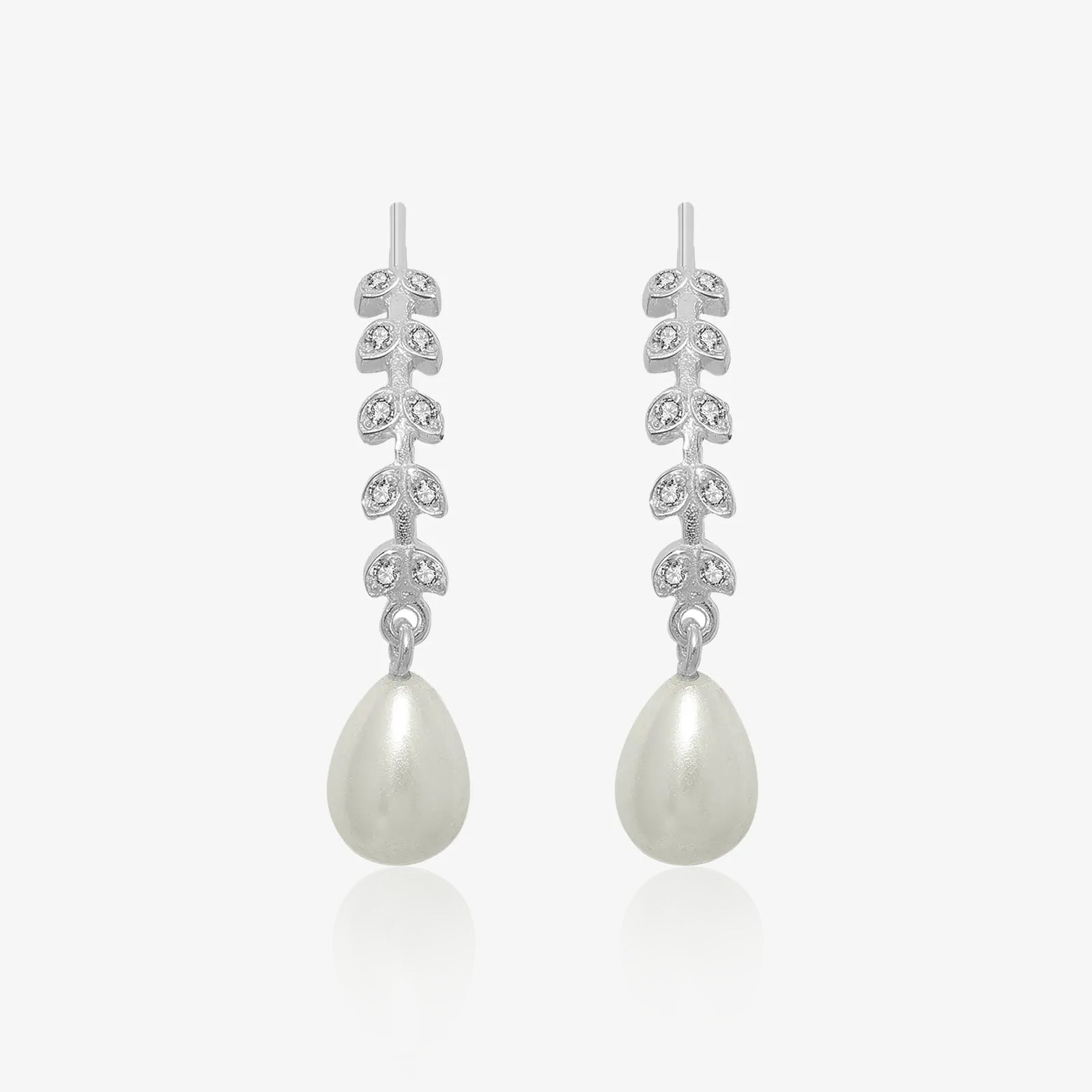 CZ Long Silver Pearl Earrings