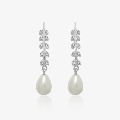 CZ Long Silver Pearl Earrings