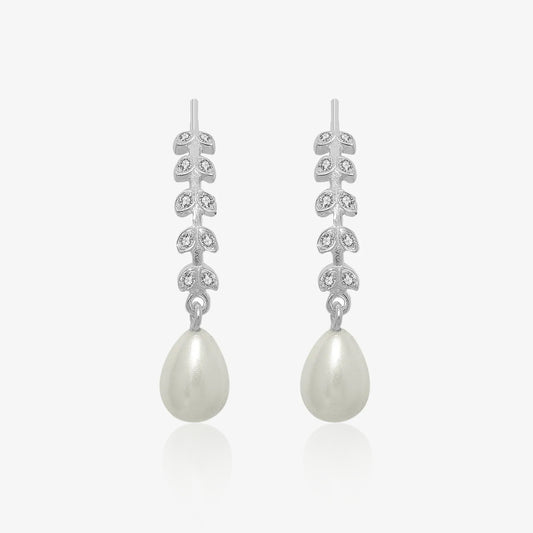 CZ Long Silver Pearl Earrings