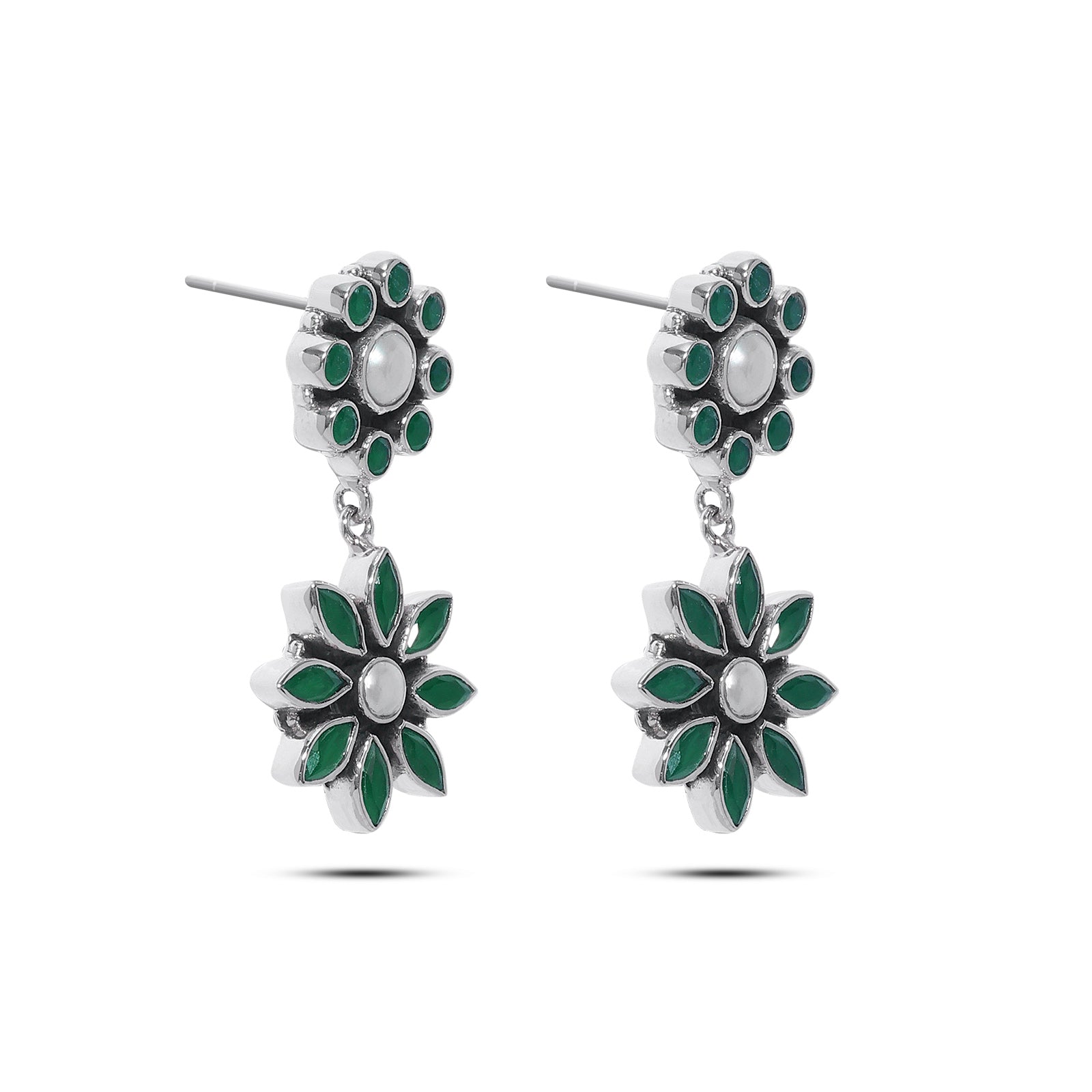 Pure Silver Earrings - Floral Dangle with Pearl and Emerald - Tweov Jewels