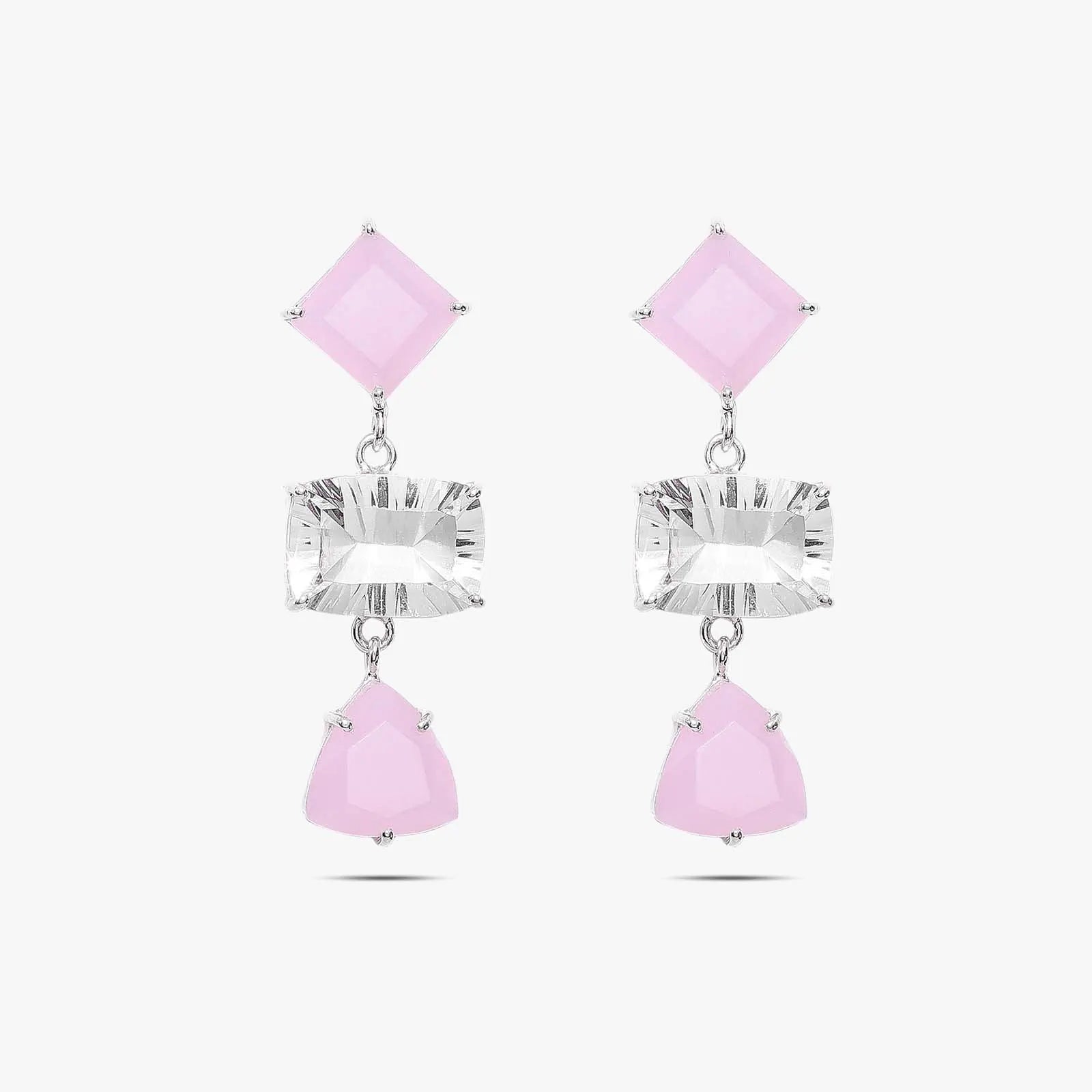 Multicut Pink Stone Long Silver Earrings - Tweov Jewels