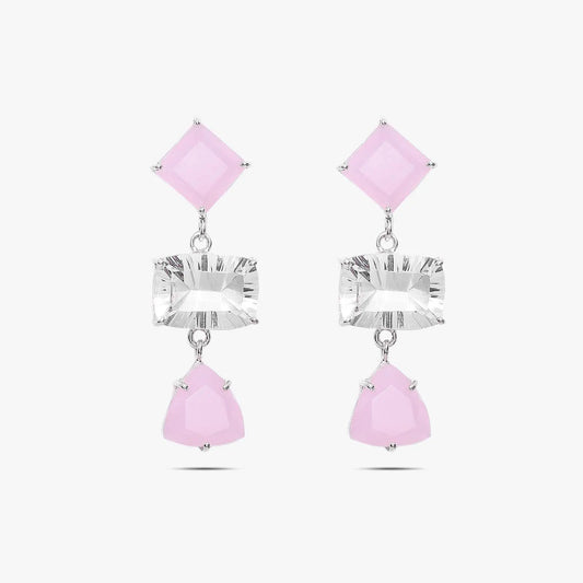 Multicut Pink Stone Long Silver Earrings - Tweov Jewels