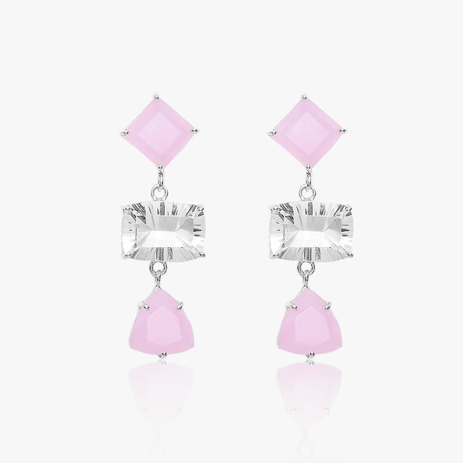 Multicut Pink Stone Long Silver Earrings - Tweov Jewels