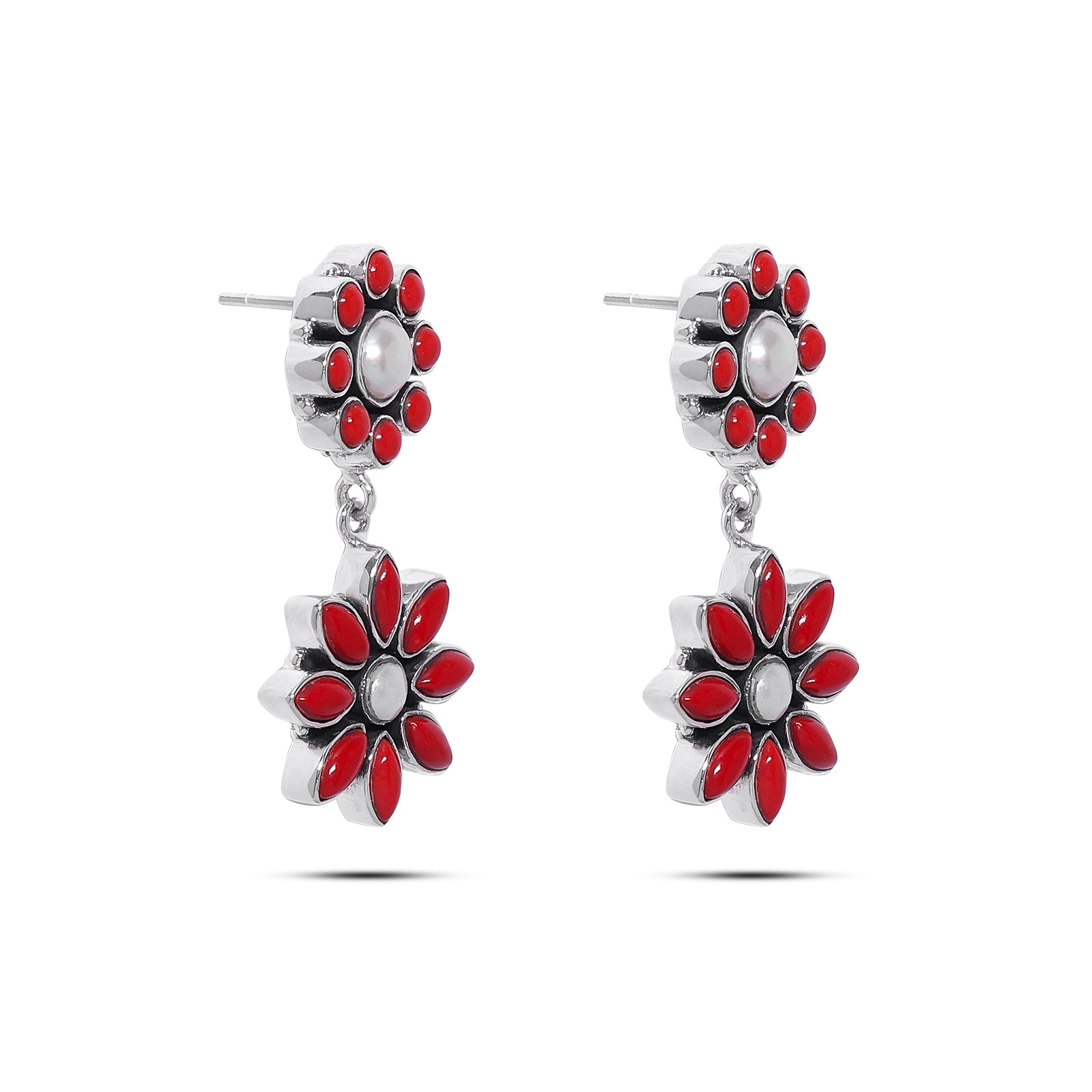 Pure Silver Earrings - Crimson Floral With Corals & Pearls - Tweov Jewels