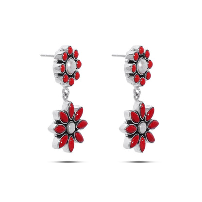 Pure Silver Earrings - Crimson Floral With Corals & Pearls - Tweov Jewels
