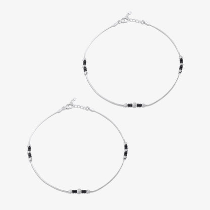Black Beads Thin Silver Chain Anklet - Tweov Jewels