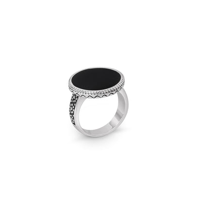 Pure Silver Ring - Floral Dots With Round Black Onyx - Tweov Jewels