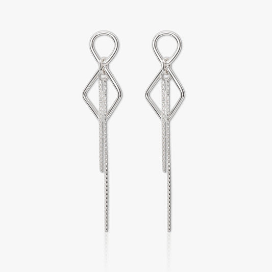 Designer Long Thread Chain Silver Earrings