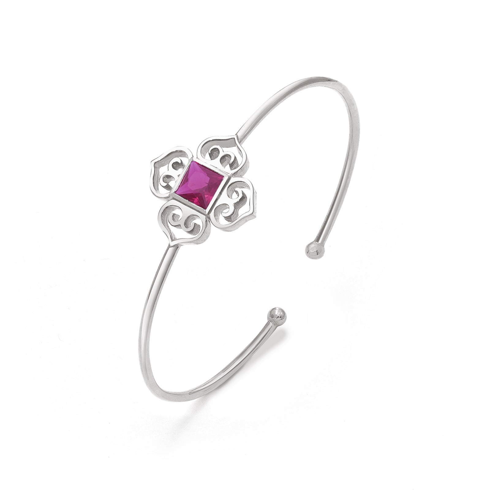 Floral Design with Ruby Stone Pure Sterling Silver Bracelet - Tweov Jewels