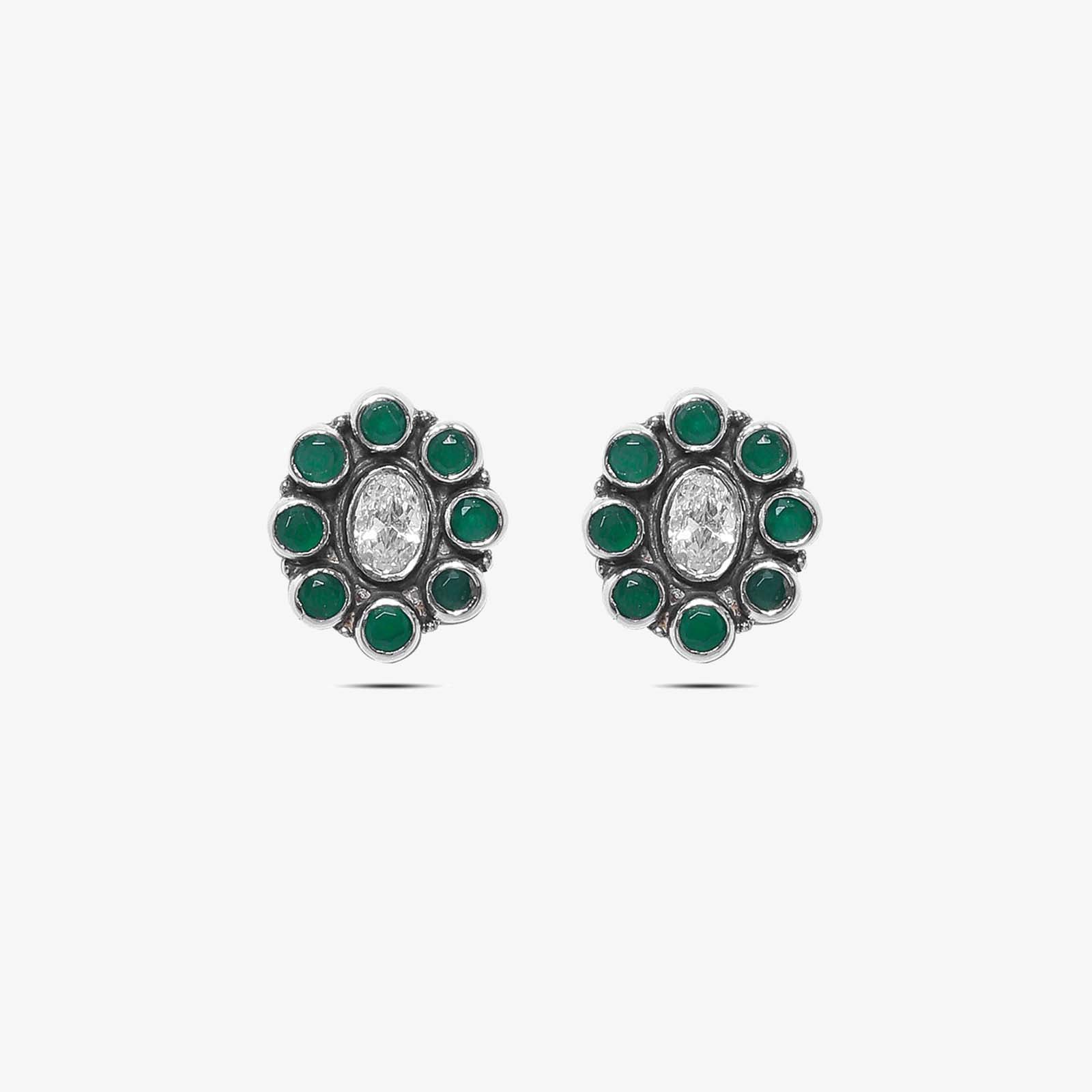 Oxidized Silver Green Stone Stud Earrings - Tweov Jewels