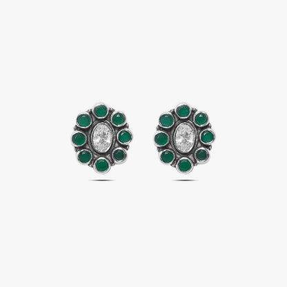 Oxidized Silver Green Stone Stud Earrings - Tweov Jewels