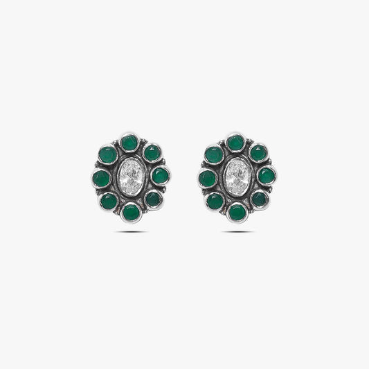 Oxidized Silver Green Stone Stud Earrings - Tweov Jewels