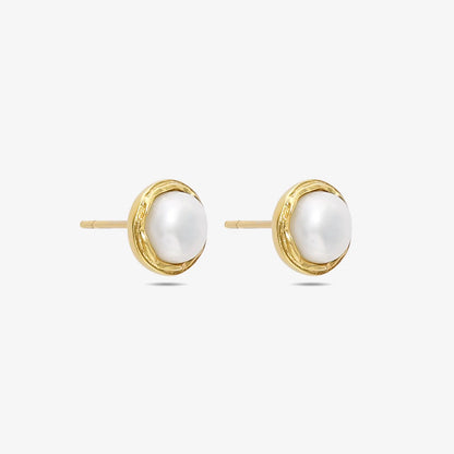 Gold Plated Silver Round White Pearl Stud Earrings - Tweov Jewels