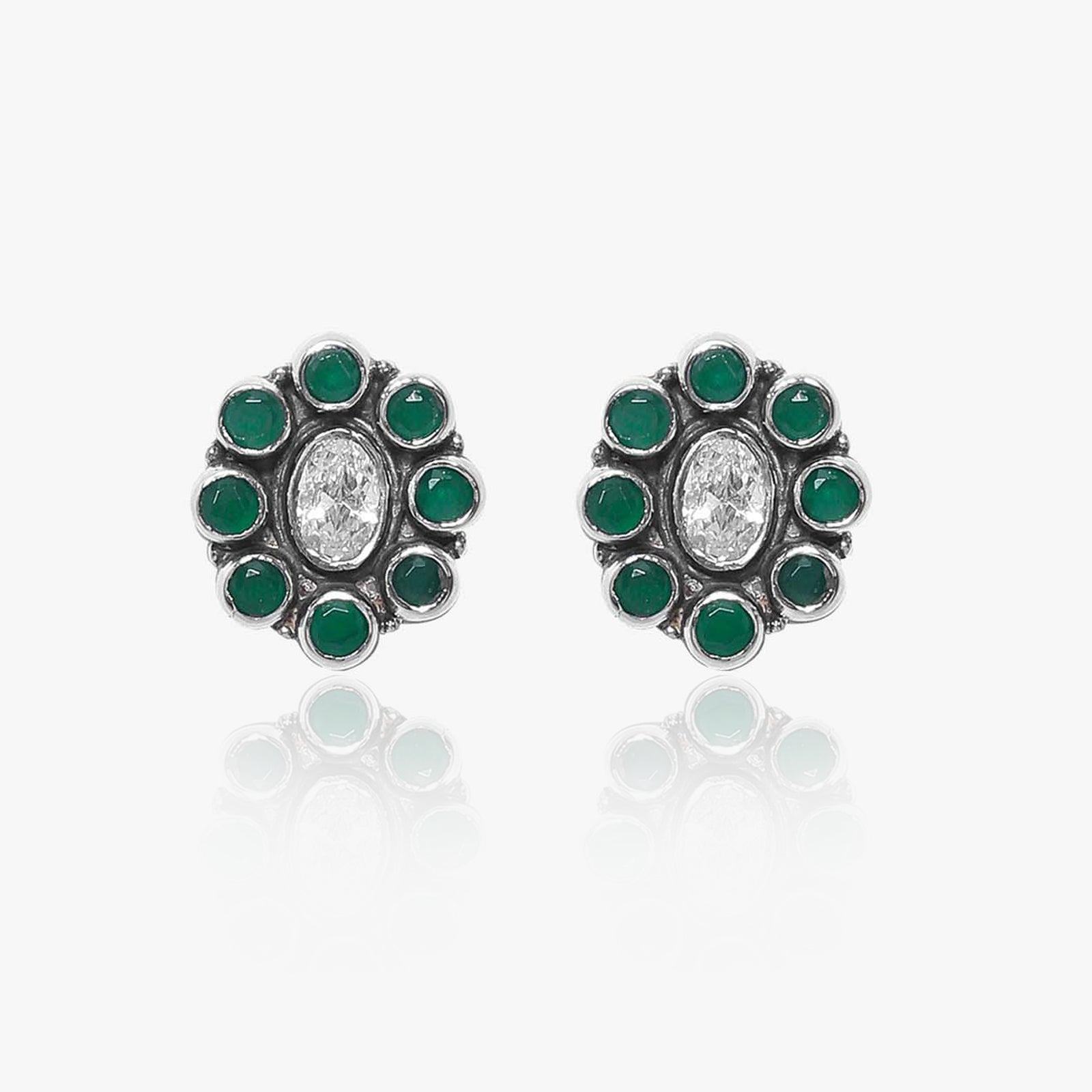 Oxidized Silver Green Stone Stud Earrings