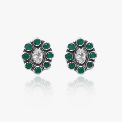 Oxidized Silver Green Stone Stud Earrings