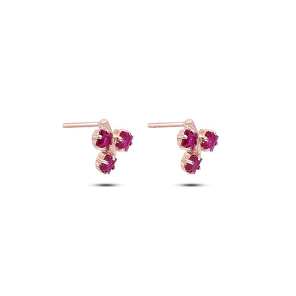 Pure Silver Rose Gold  Earrings - Triple Pink Ruby Blossom - Tweov Jewels