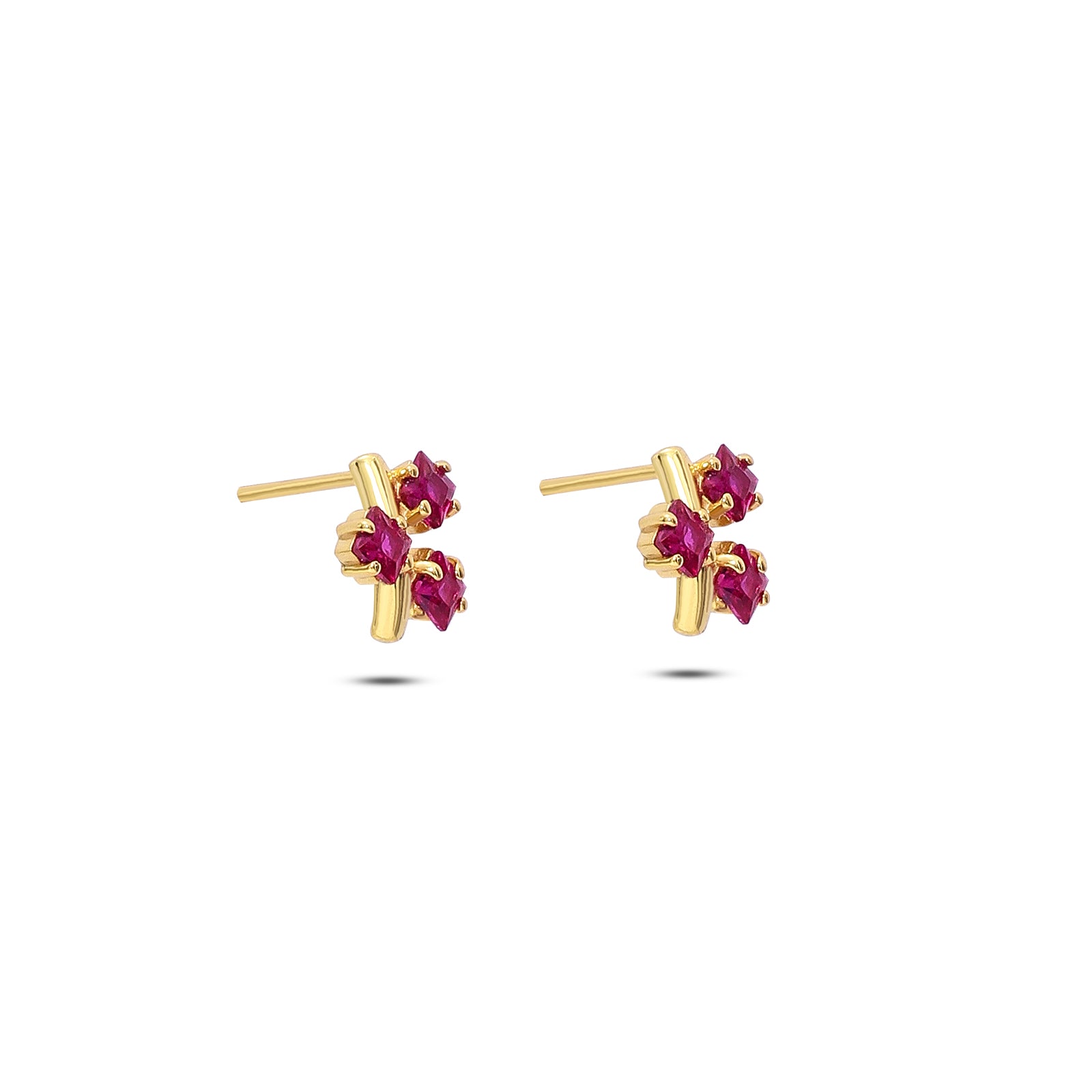 Pure Silver Gold Plated Earrings - Triple Pink Ruby Blossom - Tweov Jewels