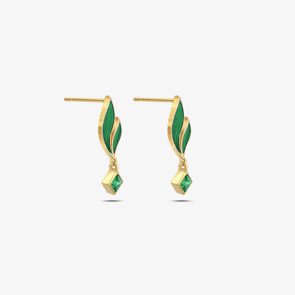 Gold Plated Green Leaf Silver Earrings