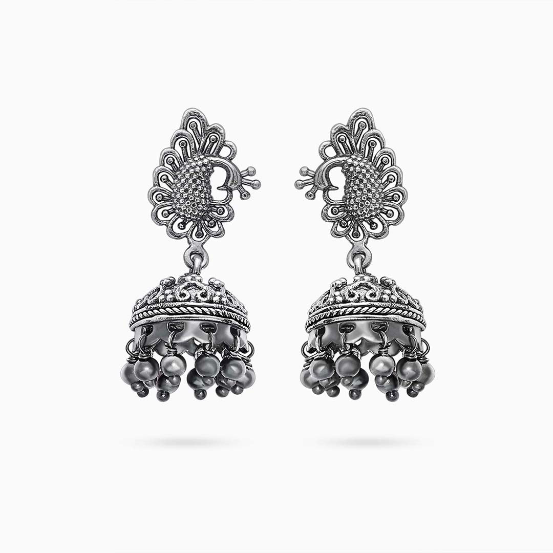 Silver bollywood jhumka earrings - Oxidised Peacock Engraved Jhumka - Tweov Jewels