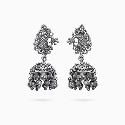Silver bollywood jhumka earrings - Oxidised Peacock Engraved Jhumka - Tweov Jewels