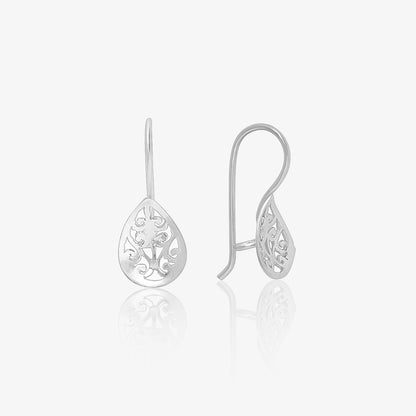 Silver Carved Floral Drop Earrings