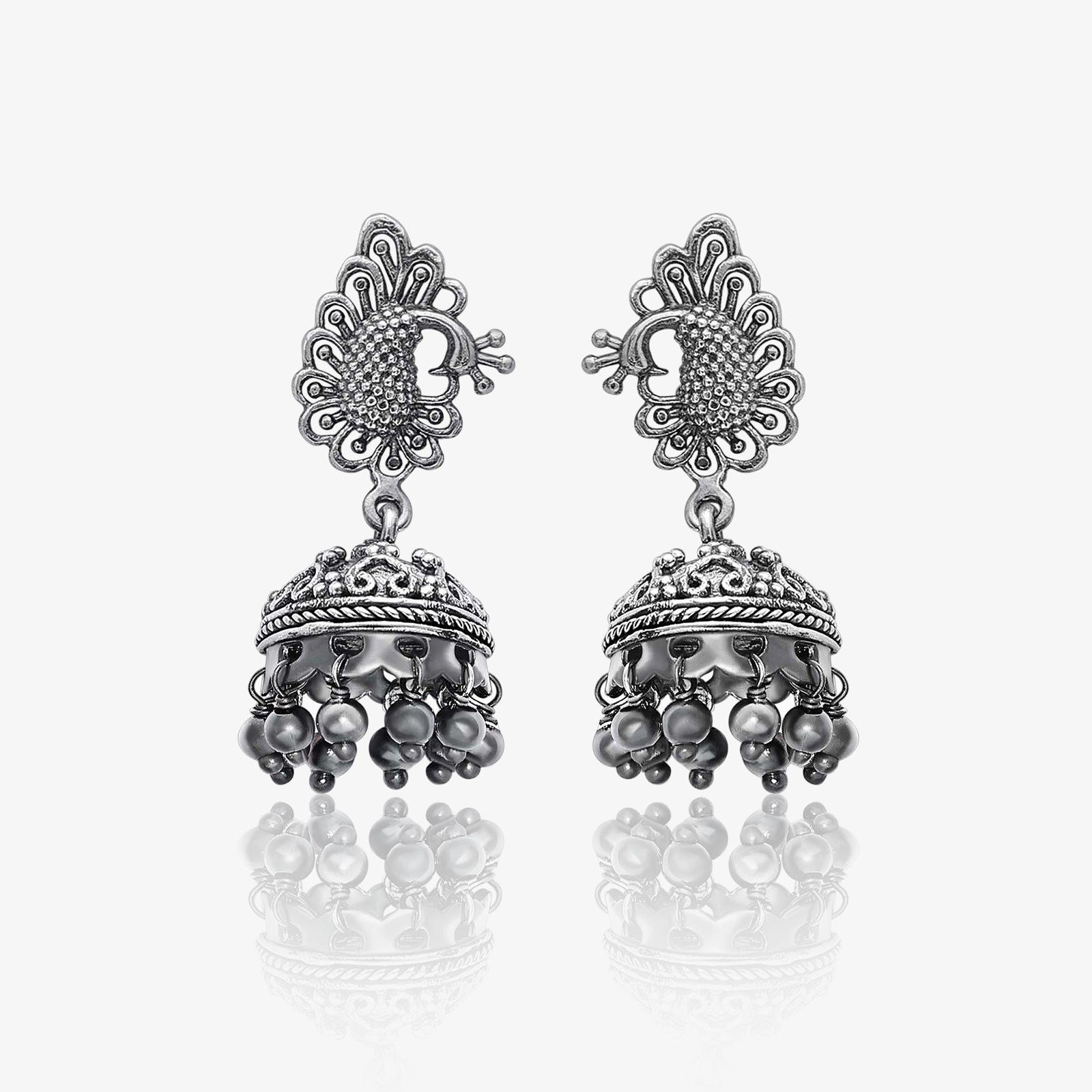 Silver bollywood jhumka earrings - Oxidised Peacock Engraved Jhumka