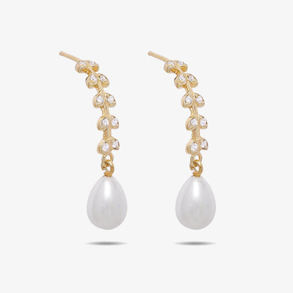 Gold Plated CZ Long Silver Pearl Earrings