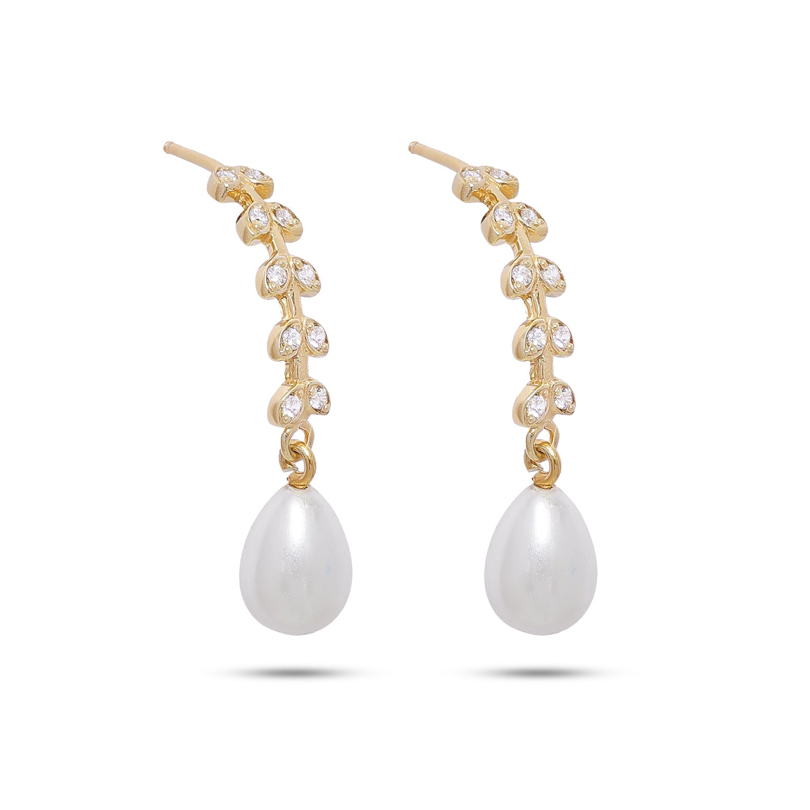 Pure Silver Earring - Gold Plated Leafy Design With Pearls - Tweov Jewels