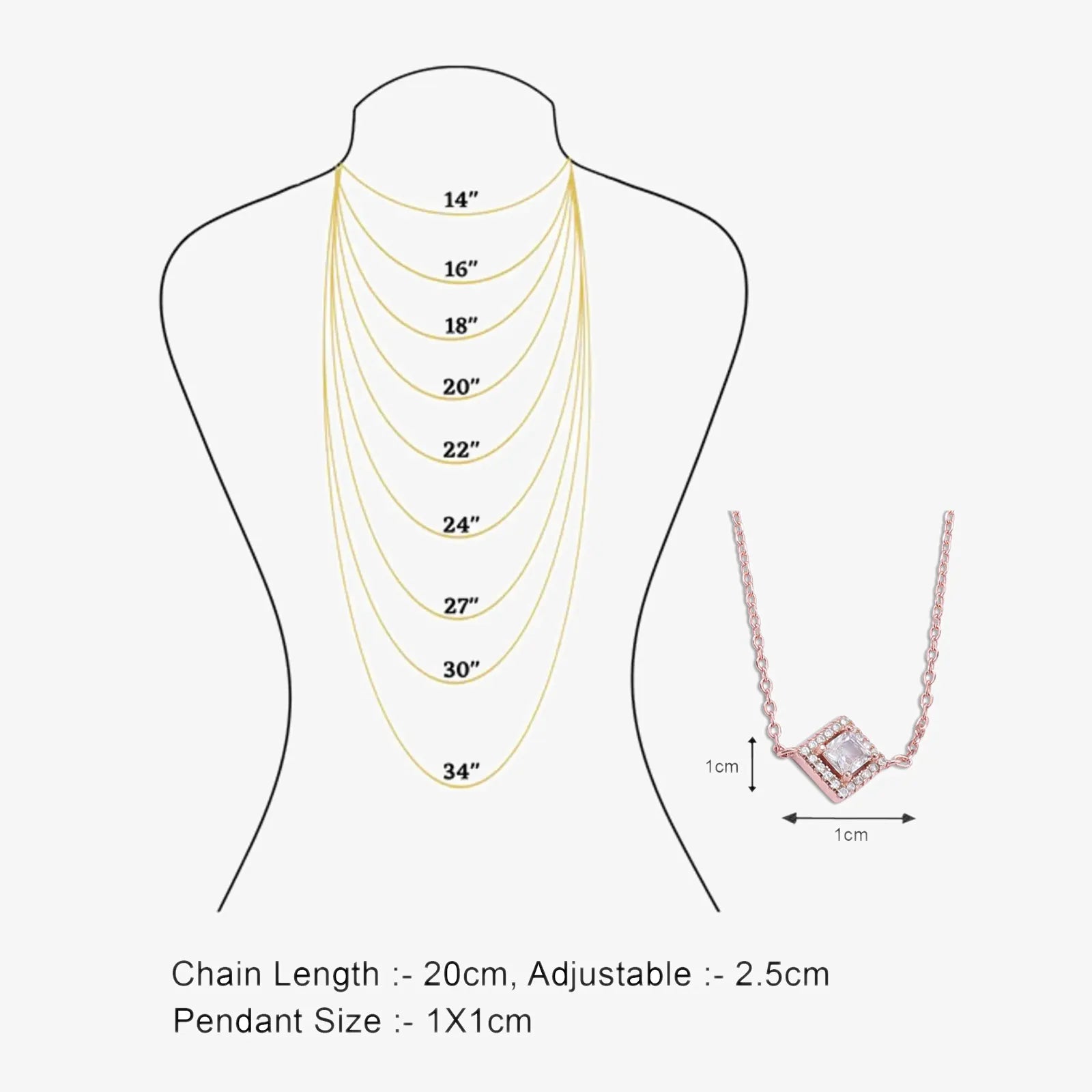 Rose Gold Plated CZ Studded Square Pendant with Chain - Tweov Jewels