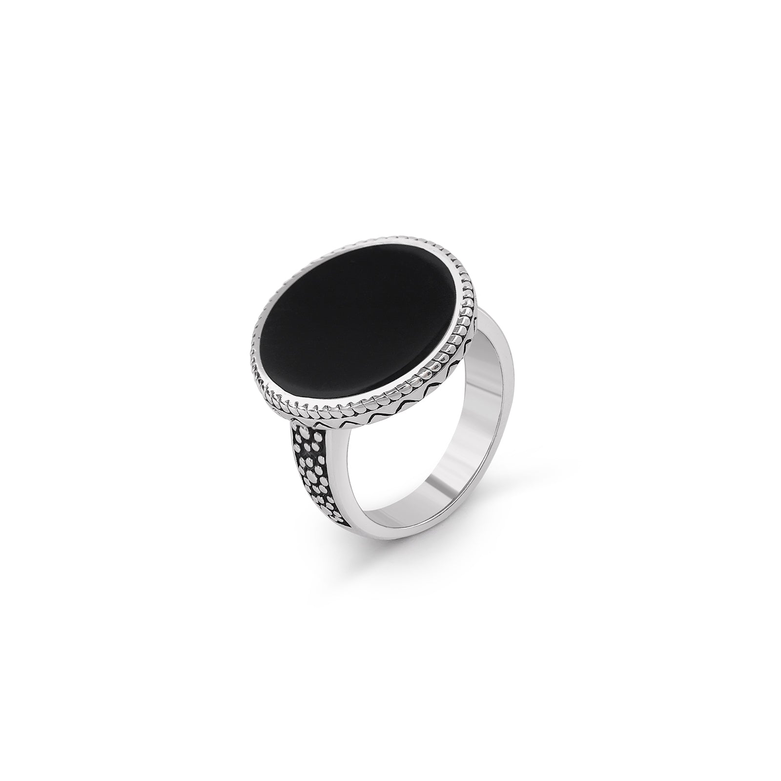 Pure Silver Ring - Floral Dots With Round Black Onyx - Tweov Jewels