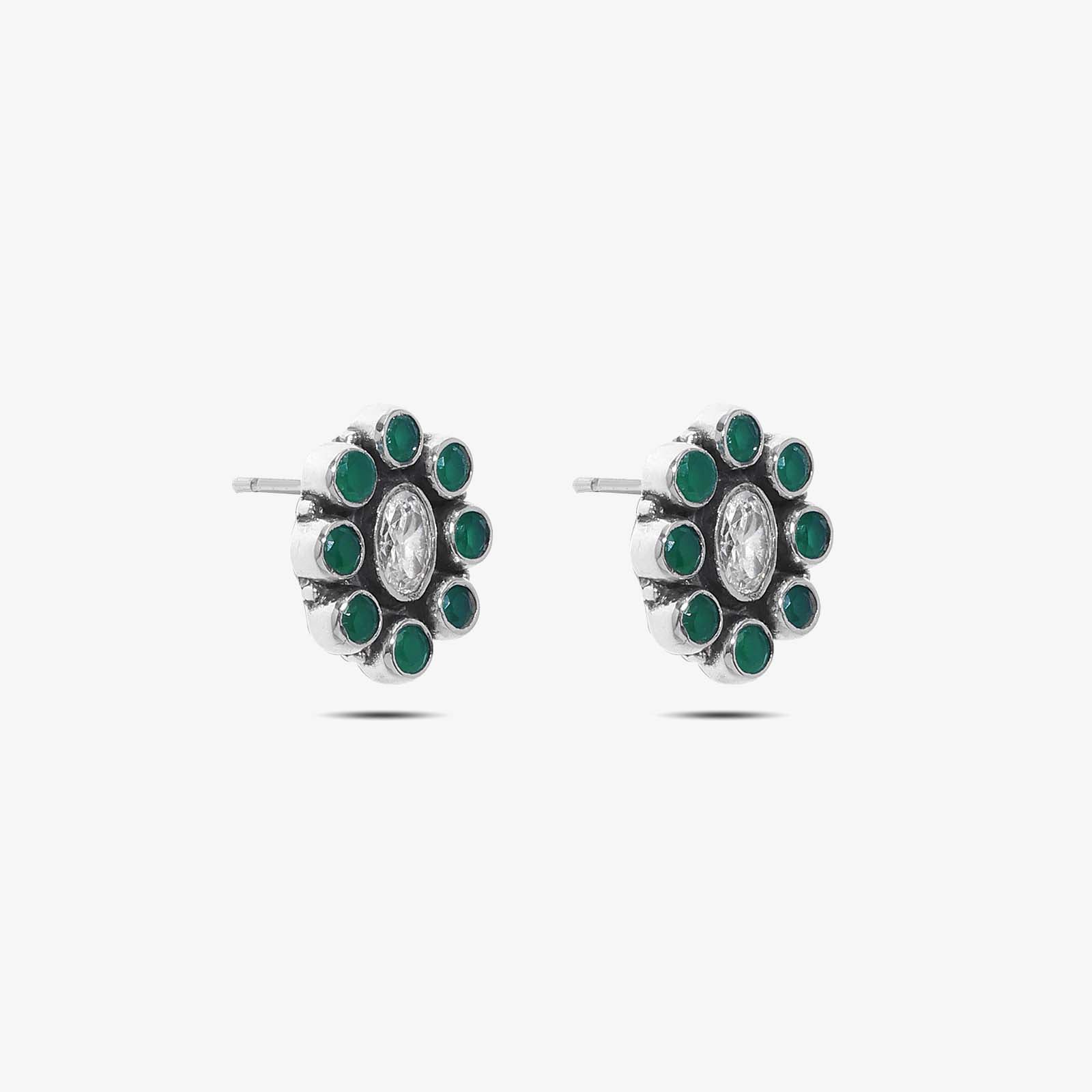 Oxidized Silver Green Stone Stud Earrings - Tweov Jewels