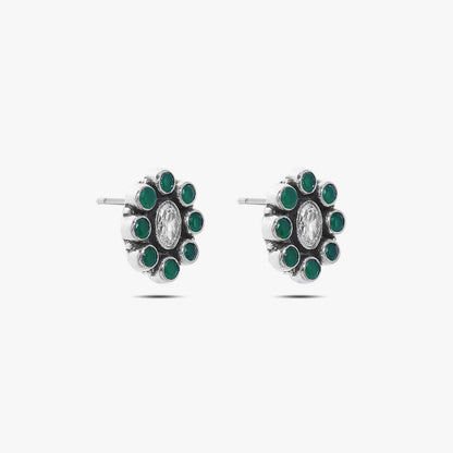 Oxidized Silver Green Stone Stud Earrings - Tweov Jewels