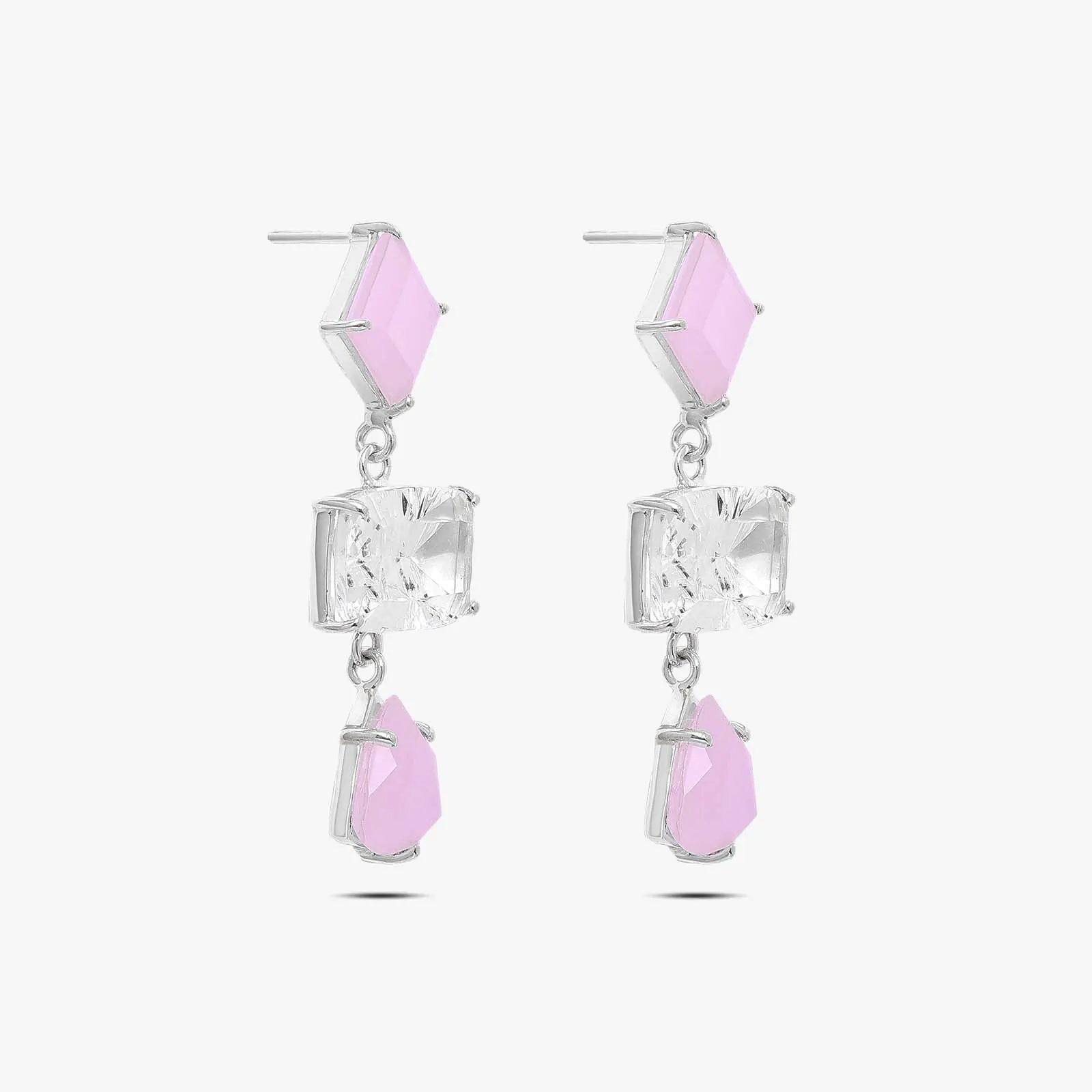 Multicut Pink Stone Long Silver Earrings - Tweov Jewels