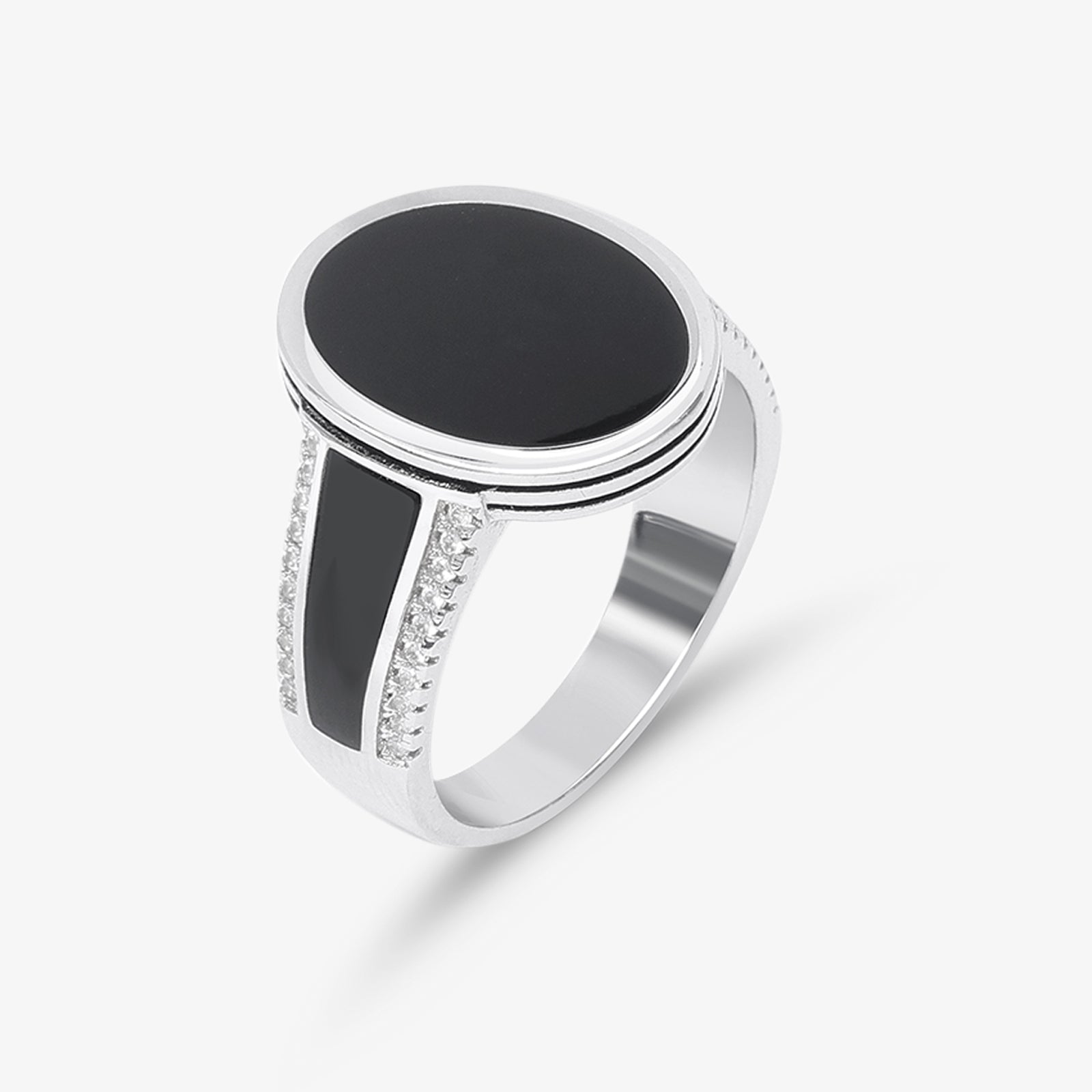 Silver Oval Shape Black Stone Band Ring