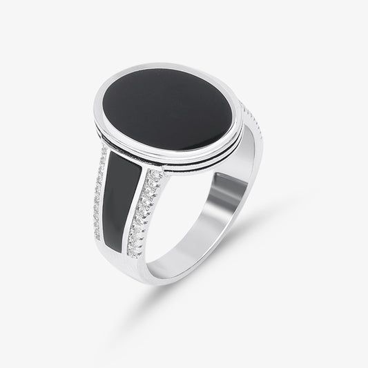 Silver Oval Shape Black Stone Band Ring