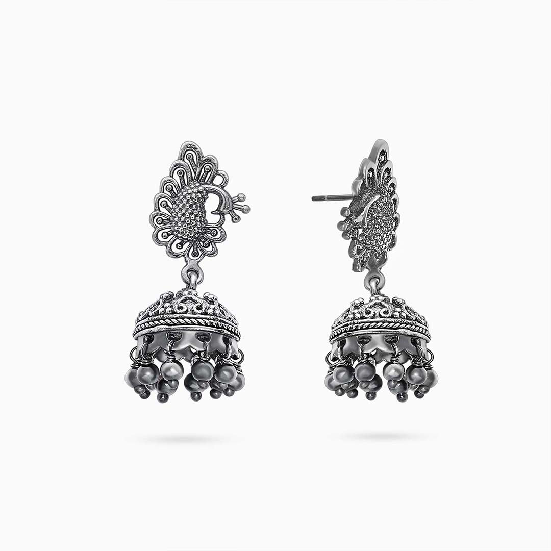 Silver bollywood jhumka earrings - Oxidised Peacock Engraved Jhumka - Tweov Jewels