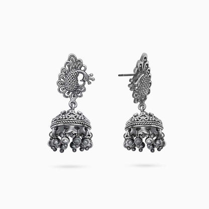 Silver bollywood jhumka earrings - Oxidised Peacock Engraved Jhumka - Tweov Jewels