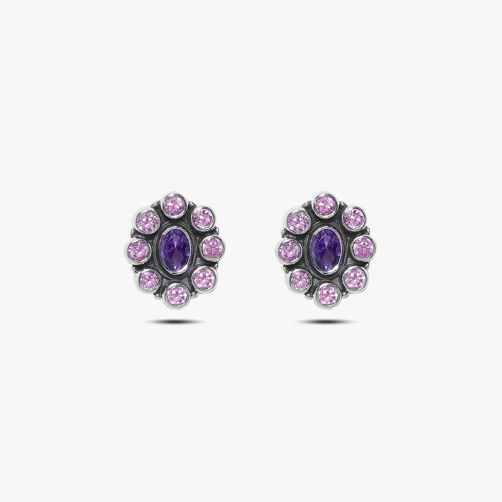 Oxidized Oval Purple Stone Studded Silver Stud - Tweov Jewels