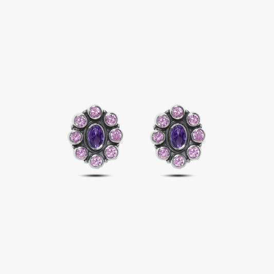Oxidized Oval Purple Stone Studded Silver Stud - Tweov Jewels