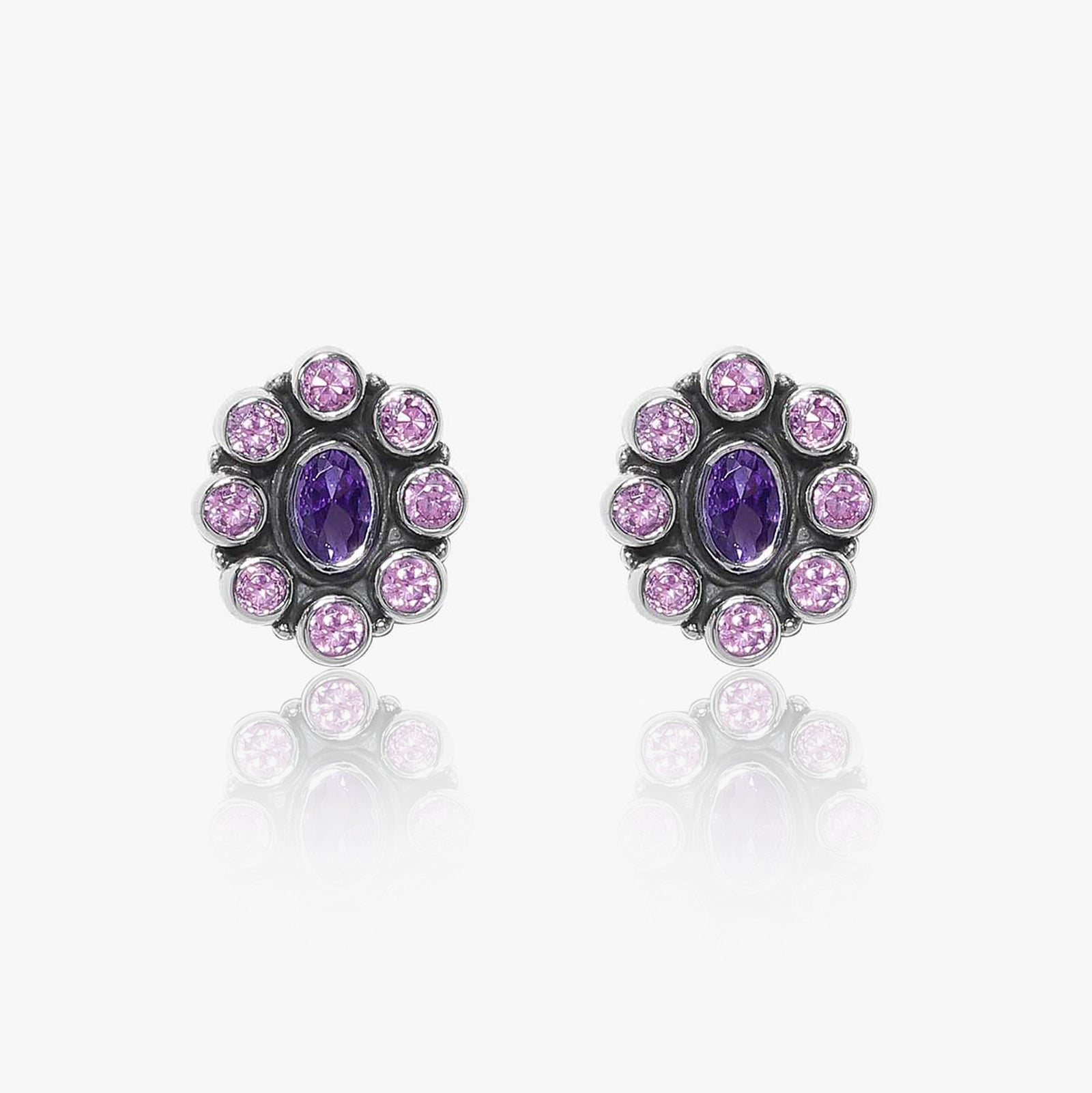 Oxidized Oval Purple Stone Studded Silver Stud