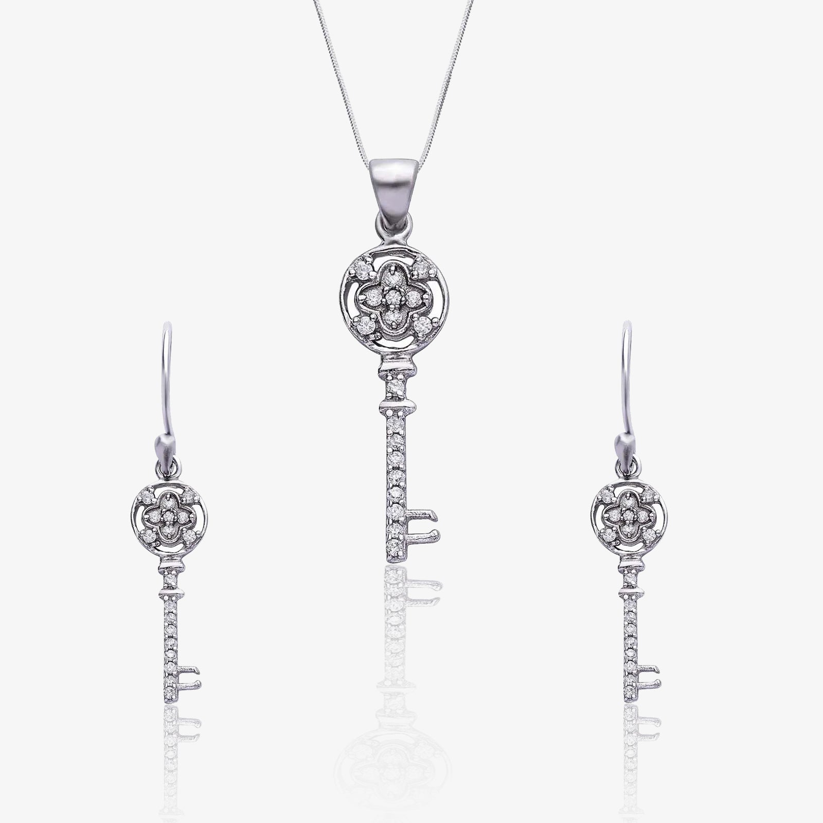 Silver Cubic Zirconia Key Pendant and Earrings Set - Tweov Jewels