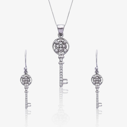 Silver Cubic Zirconia Key Pendant and Earrings Set - Tweov Jewels