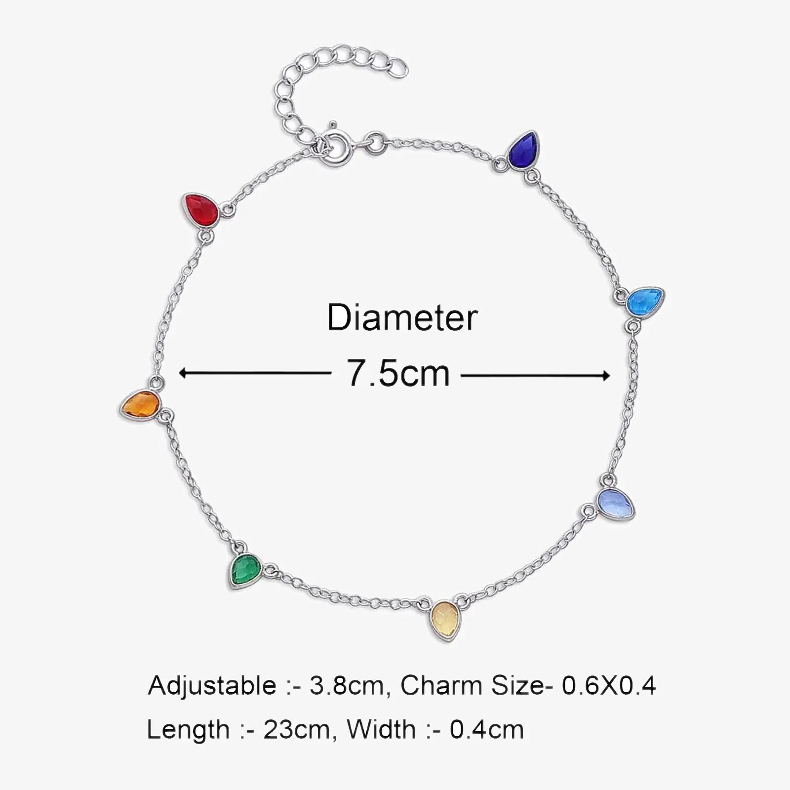 925 Sterling Silver Multicolor Drops Silver Anklet - Tweov Jewels