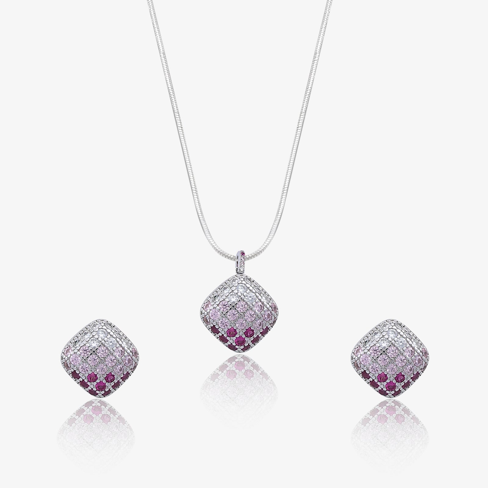 Pink CZ Studded Square Silver Pendant & Earrings Set