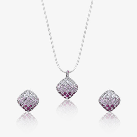 Pink CZ Studded Square Silver Pendant & Earrings Set